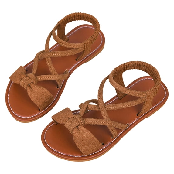 Girls Gladiator Sandals Open Toe Strappy Flat Shoes Summer Beach Vacation Dress Shoes with Elastic Ankle Strap Brown 13 Little Kid