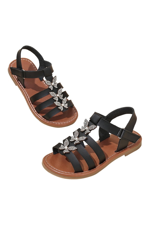 Girls Gladiator Sandals with Adjustable Hook and Loop Glitter Rhinestone Comfy Princess Flat Shoes for Summer Beach Dressy Black 13 Little Kid
