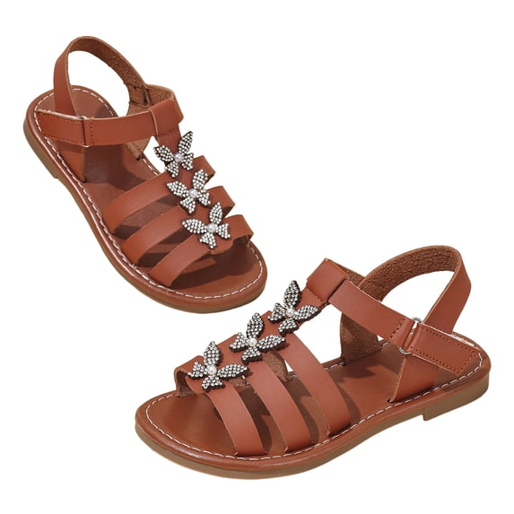 Girls Gladiator Sandals with Adjustable Hook and Loop Glitter Rhinestone Comfy Princess Flat Shoes for Summer Beach Dressy Brown 9.5 Toddler