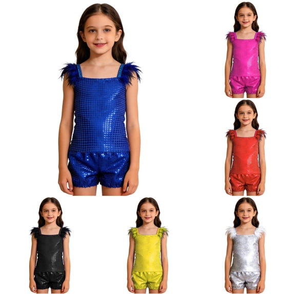 Girls Glam Performance Outfit Sequin Sleeveless Top Shorts Stage Show Party Dance Set Girls Casual Outfit Sets