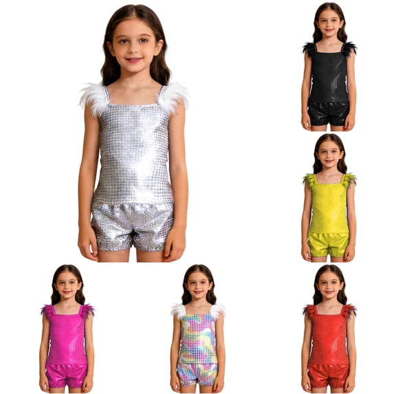 Girls Glam Performance Outfit Sequin Sleeveless Top Shorts Stage Show Party Dance Set Girls Casual Outfit Sets