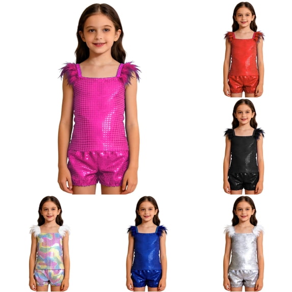 Girls Glam Performance Outfit Sequin Sleeveless Top and Shorts for Stage Show Party Clothes for Girls 11-12 Years
