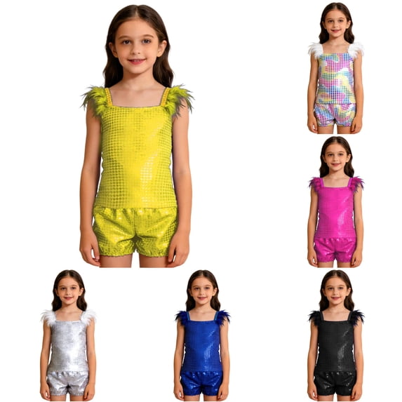 Girls Glam Performance Outfit Sequin Sleeveless Top and Shorts for Stage Show Party Clothes for Girls 2-3 Years
