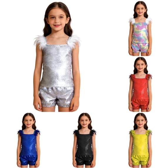 Girls Glam Performance Outfit Sequin Sleeveless Top and Shorts for Stage Show Party Clothes for Girls 5-6 Years
