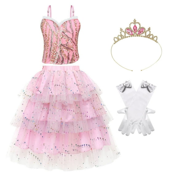 Girls Glinda Costume Tank Tops Skirt Accessories Set Halloween Outfits, Size 5-6Y