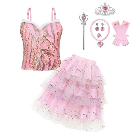 Girls Glinda Costume with Accessories Pink Good Witch Cosplay Outfits, Size for 4-5Y