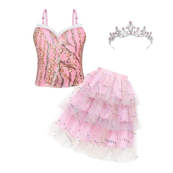 Girls Glinda Costume with Crown Pink Good Witch Cosplay Outfits, Size for 4-5Y