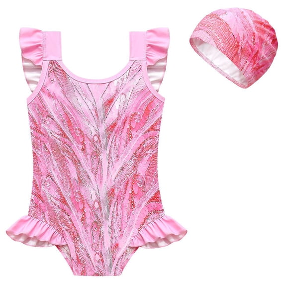Girls Glinda Swimsuit with Swimming Cap One-Piece Princess Swimwear, Size for 6-7Y