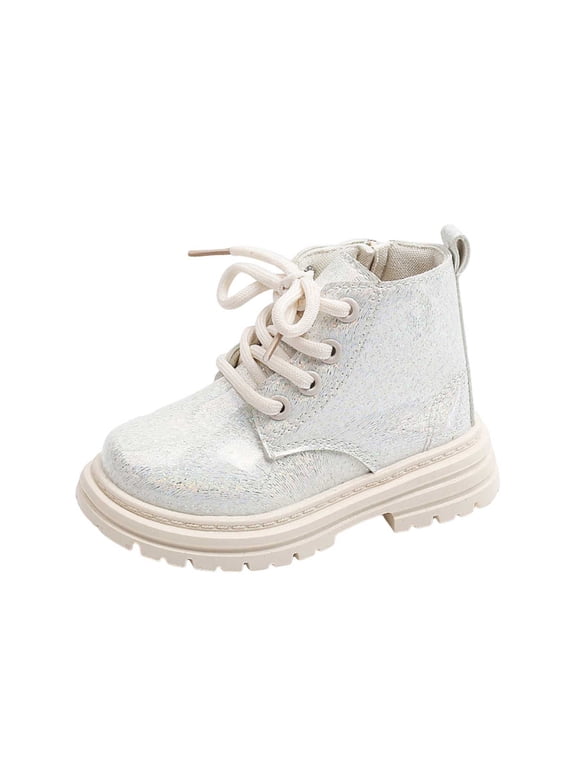 Girls Glitter Ankle Combat Boots Lace Up Side Zipper PU Boots for Little Kid Outdoor Daily Wear