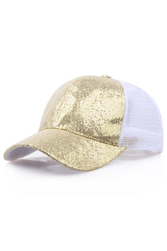 Girls Glitter Baseball Cap Criss Cross Hat, Girl High Ponytail Hat - Kids Trucker Hat with High Bun Messy Ponytail Gold 58