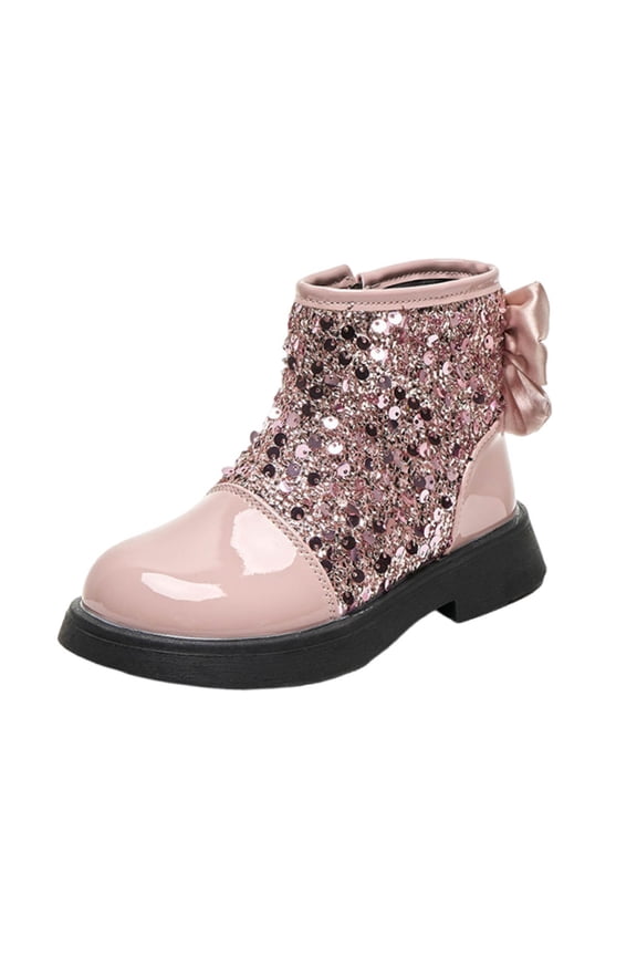 Girls Glitter Boots, Sparkle Princess Ankle Boots Sequin Comfy Cute Bow Booties With Side Zipper for Toddler/Little Kid/Big Kid