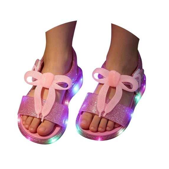 Girls Glitter Bow LED Light Up Sandals, Adjustable Buckle Open Toe Kids Summer Shoes, Non Flexible Sole Sparkling Beach Party Walking Sandals 4-9Y