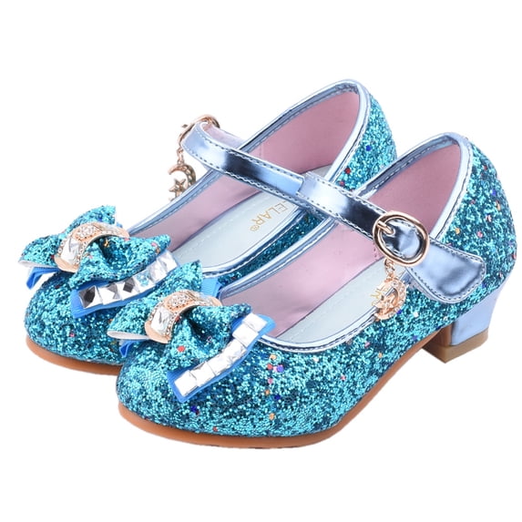 Girls' Glitter Bow Rhinestone Low Heel Princess Shoes, Ankle Strap Non‑slip Dress Pumps for Birthday Party Wedding Stage Performance Blue 26
