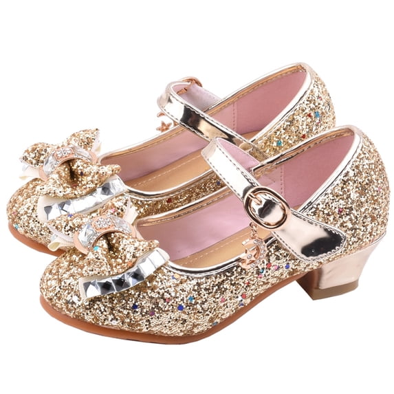 Girls' Glitter Bow Rhinestone Low Heel Princess Shoes, Ankle Strap Non‑slip Dress Pumps for Birthday Party Wedding Stage Performance Gold 30