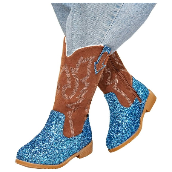 Girls Glitter Cowboy Boots Fashion Knee High Western Cowgirl Booties Kids Pointed Toe Mid Calf Riding Shoes