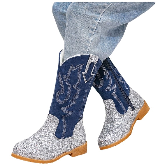 Girls Glitter Cowboy Boots Fashion Knee High Western Cowgirl Booties Kids Pointed Toe Mid Calf Riding Shoes