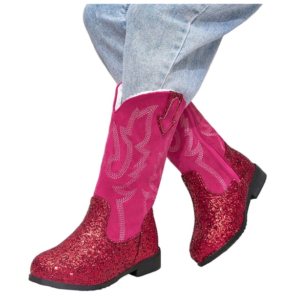 Girls Glitter Cowboy Boots Fashion Knee High Western Cowgirl Booties Kids Pointed Toe Mid Calf Riding Shoes