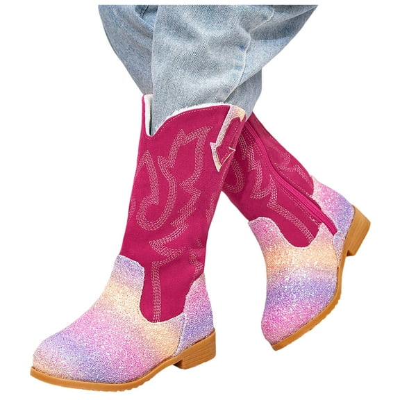 Girls Glitter Cowboy Boots Fashion Knee High Western Cowgirl Booties Kids Pointed Toe Mid Calf Riding Shoes