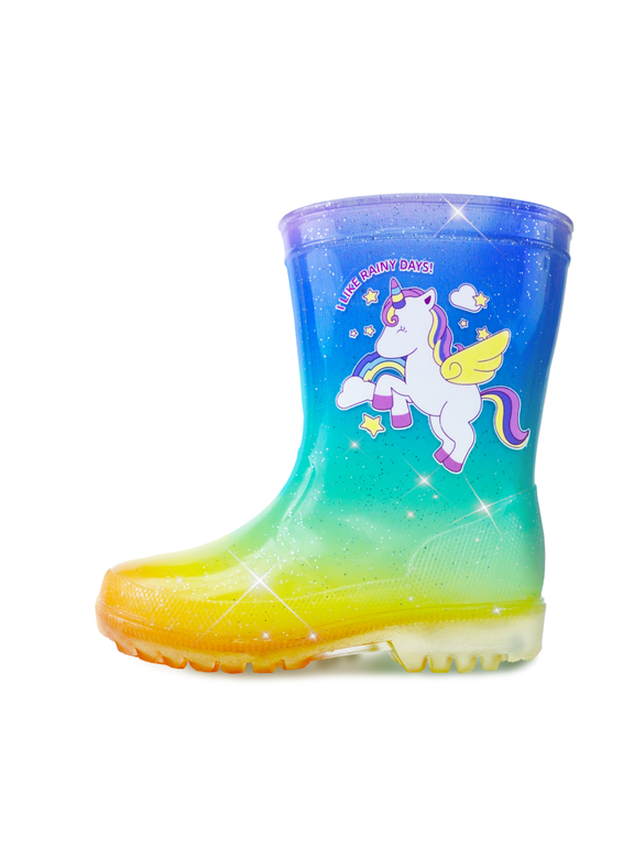 Girls Glitter Glow Waterproof Rainboots Toddler Kids Rainbow Waterproof Boots Cute Unicorn Designs