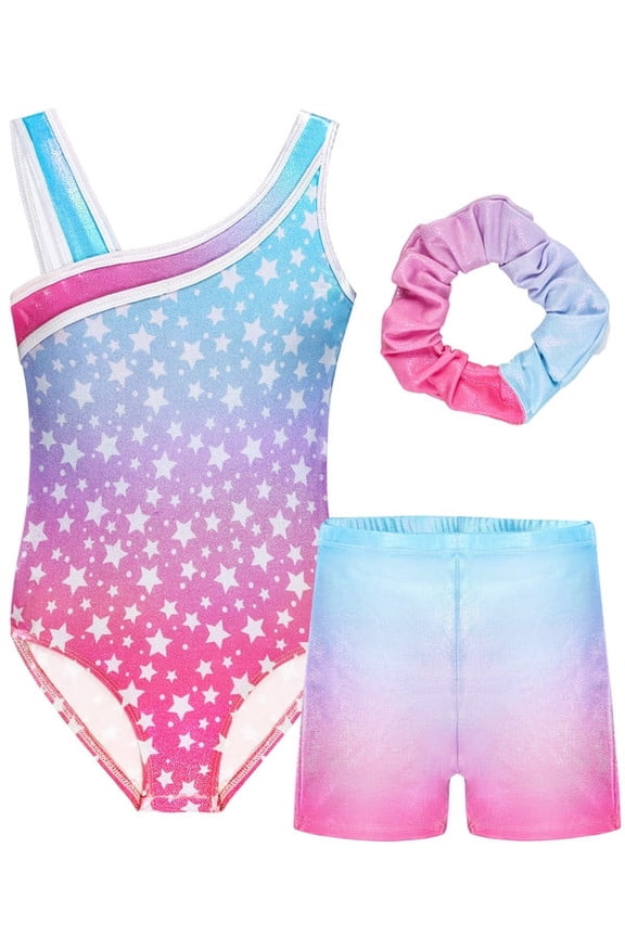 Girls Glitter Gymnastics Leotard, Ballet Dance Unitard Biketard with Shorts & Hairband Kids Activewear