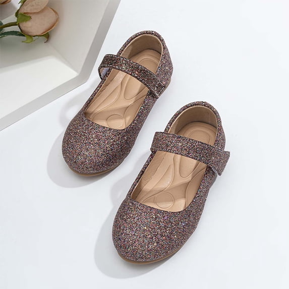 Girls Glitter Mary Jane Flats, Sparkly Hook and Loop Dress Shoes, Round Toe Cushioned Low Top Footwear for School Parties