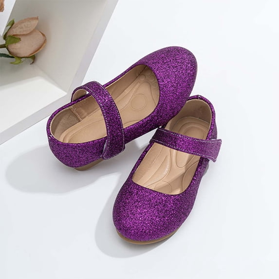 Girls Glitter Mary Jane Flats, Sparkly Hook and Loop Dress Shoes, Round Toe Cushioned Low Top Footwear for School Parties