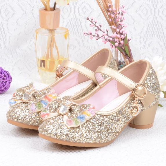Girls' Glitter Mary Jane High Heel Shoes, Rhinestone Bow Non‑slip Princess Dress Shoes For Party Wedding Gold 28