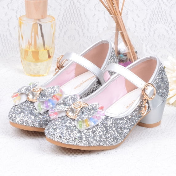 Girls' Glitter Mary Jane High Heel Shoes, Rhinestone Bow Non‑slip Princess Dress Shoes For Party Wedding Silver 33
