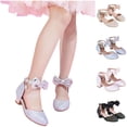 thumbnail image 1 of Girls Glitter Mary Jane Low Heels Bow Decor Princess Shoes Non Slip Sole with Adjustable Buckle Strap for Flower Girl Party Occasions, 1 of 9