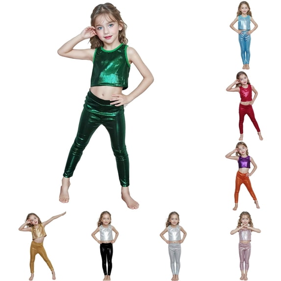 Girls Glitter Metallic Leggings Performance Dance Pants Stretchy Straight Leg Trousers Stage for Kids Athletic Wear Girls 6-7 Years