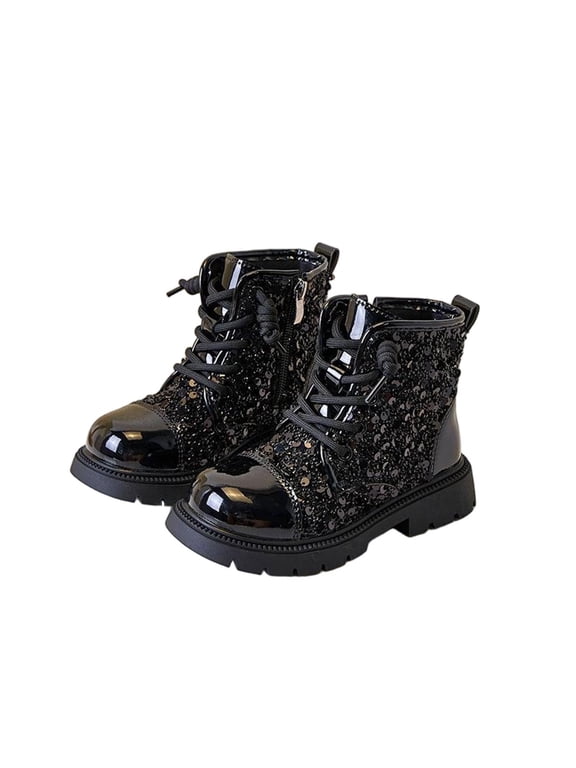 Girls Glitter Sequin Ankle Combat Boots Lace Up Side Zipper Water Resistant Booties Non-Slip Sole