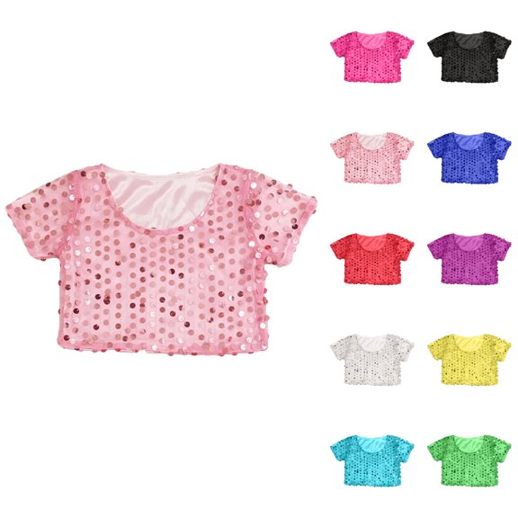 Girls Glitter Sequin Crop Top Short Sleeve Shirt For Stage Performance Singing Dancing And Show Elastic Tee