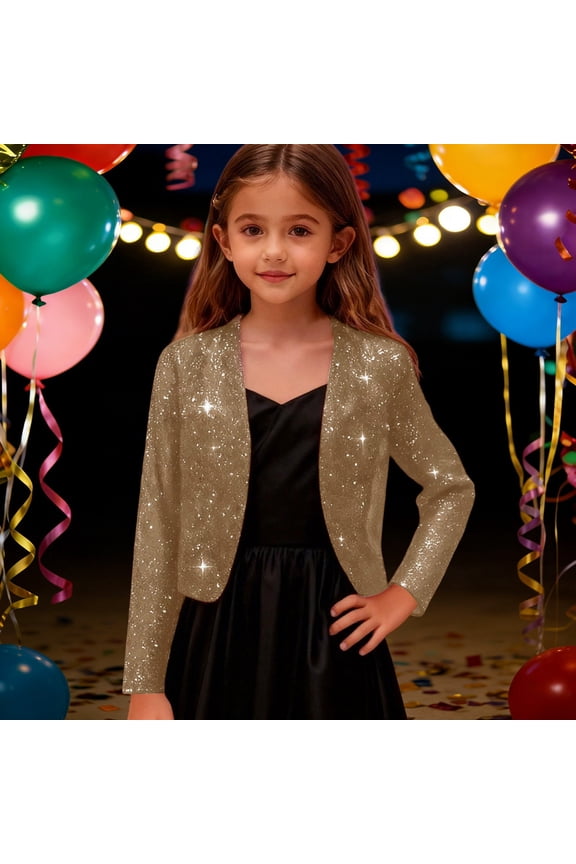 Girls Glitter Sequin Cropped Cardigan Elegant Open Front Short Jacket Formal Party Wear Dressy Outerwear for Kids Ages 4-14 Years