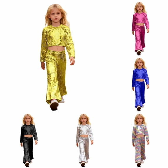 Girls Glitter Sequin Party Performance Outfit Two Piece with Round Sequins and Flared Pants for and Stage Shows Baby Bundle Set 110