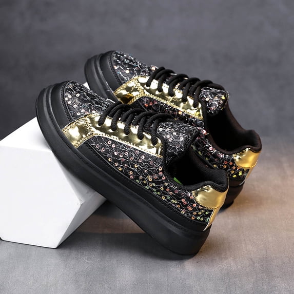Girls Glitter Sneakers, Lace-Up Sole Casual Shoes, Sparkly Sequin Panel Athletic Sneakers for Kids