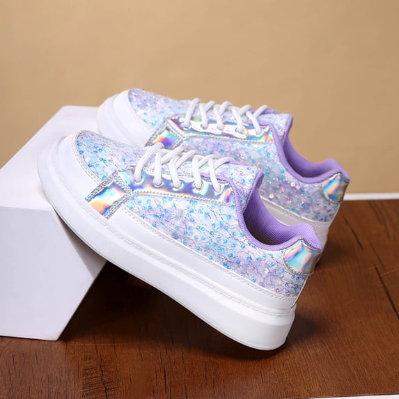 Girls Glitter Sneakers, Lace-Up Sole Casual Shoes, Sparkly Sequin Panel Athletic Sneakers for Kids