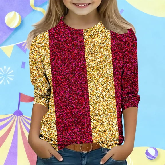 Girls Glitter Stripe Cold Shoulder Top Long Sleeve Sparkle Party Shirt Comfy Stretch Poly Spandex,Size 3-4T