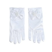 Girls Gorgeous Satin Fancy Gloves for Special Occasion Dress Formal Wedding Pageant Party (White)