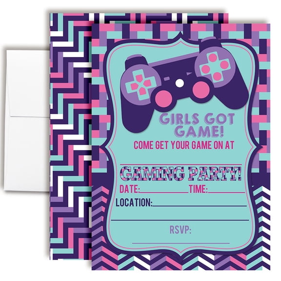 Girls Got Game Video Gaming Birthday Invitations for Kids, 20 Fill-In Cards with Envelopes, 5x7 Children's Party Invitations, Birthday Party Supplies, Made in USA by Amanda Creation