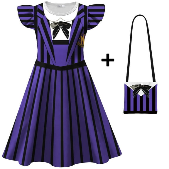 Girls Gothic Academy Uniform Costume w/Bag Halloween Cosplay Birthdays Party Dress, Purple 5-6Y