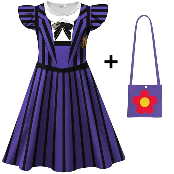Girls Gothic Academy Uniform Costume w/Bag Halloween Cosplay Birthdays Party Dress, Purple 6-7Y
