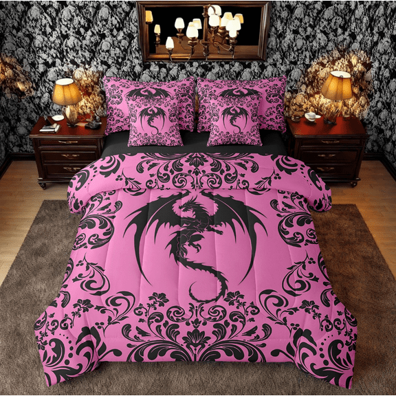 Gothic Dragon 7 Piece Bedding Set With Sheets Twin Boho Goth Pink Black Damask Comforter Set Bohemian Exotic Floral Animal Bed In A Bag For Women Retro Baroque Dragon Bed Set