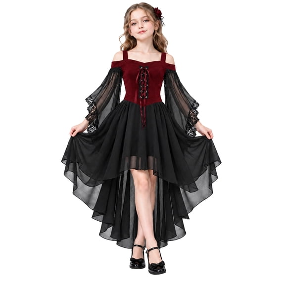 Girls Gothic Off Shoulder Lace Up Dress with High Low Hem for Halloween Dress Up Party Themed Party Role Play and Pretend Play