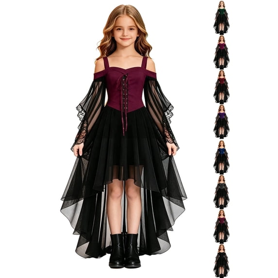 Girls Gothic Off Shoulder Party Dress, Lace Long Sleeve Corset High Low Tulle Dress, Halloween Christmas Witch Role Play Costume Dress Birthday Holiday Daily Wearfor Girls Ages 7-12