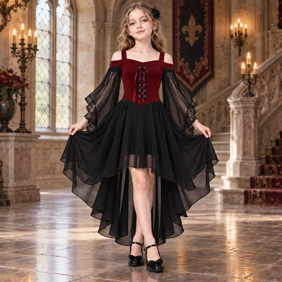 Girls Gothic Vampire Dress with Lace Up Corset and Bell Sleeves, Sheer Chiffon High Low Hem, Spooky Halloween Cosplay