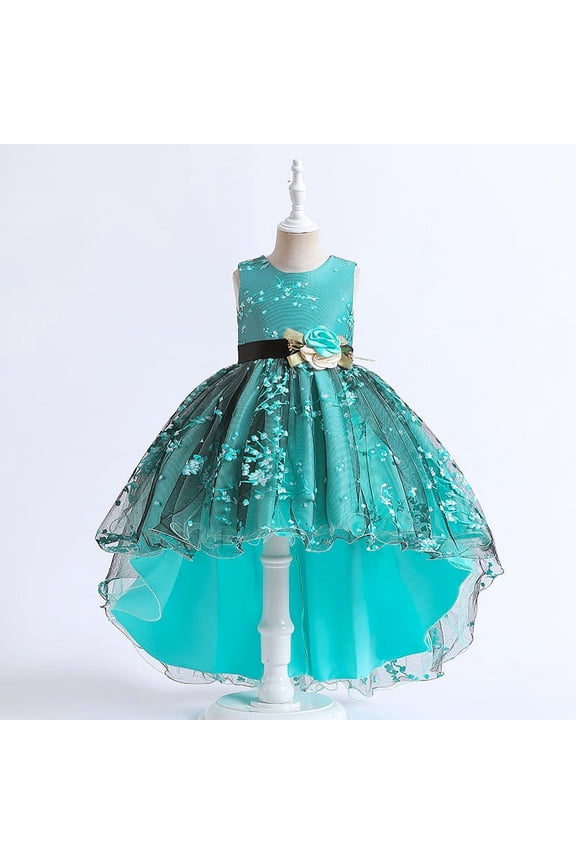 Girls Gown mint Dress with Flower without Sleeves For Wedding, Pageant, Graduation, Birthday, Christmas, New Year and Eid ages 9-10 years old.
