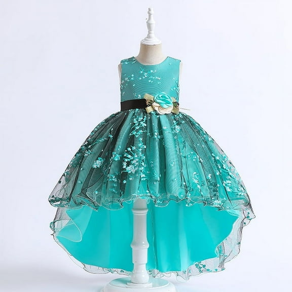 Girls Gown mint Dress with Flower without Sleeves For Wedding, Pageant, Graduation, Birthday, Christmas, New Year and Eid ages 9-10 years old.