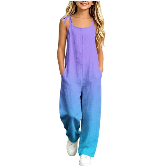Girls Gradient Cami Jumpsuits Sleeveless Spaghetti Straps Loose Jumpsuit Pants Fashion Casual Trousers with Pockets Purple 7-8 Years