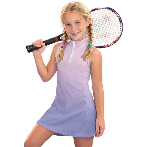 Girls Gradient Sleeveless Quarter Zip Athletic Dress, Kids Stand Collar A-Line Sport Dress, Breathable Activewear for Tennis Golf Daily Wear(Purple,4-5 Years)