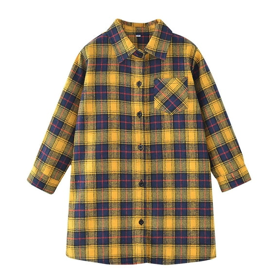 Girls Graphic Fall Tees Plaid Pleated Mini Dress Button Down Plaid Flannel Long Sleeve Yellow Going Out Fall Tops for 5-6 Years